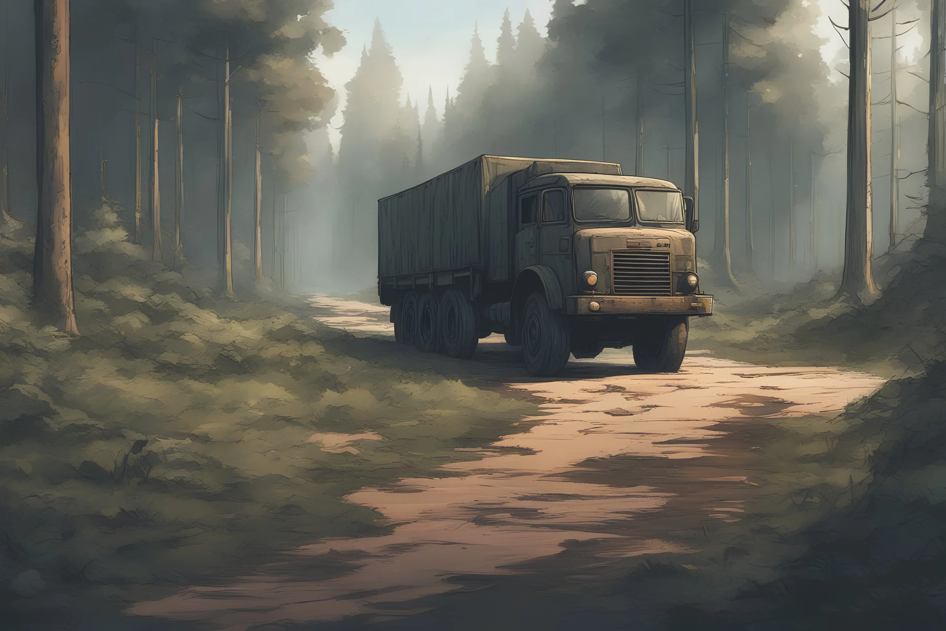 Military truck on a road, forest, overgrown apocalyptic, comic book, cinematic, far,