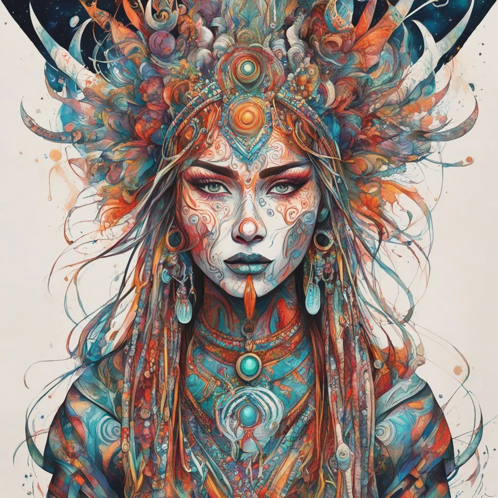 create an abstract expressionist full body illustration of a deeply spiritual, ethereal, darkly magical, epic nomadic tundra female shaman with highly detailed and deeply cut facial features, searing lines and forceful strokes, precisely drawn, inked, with rich striking colors