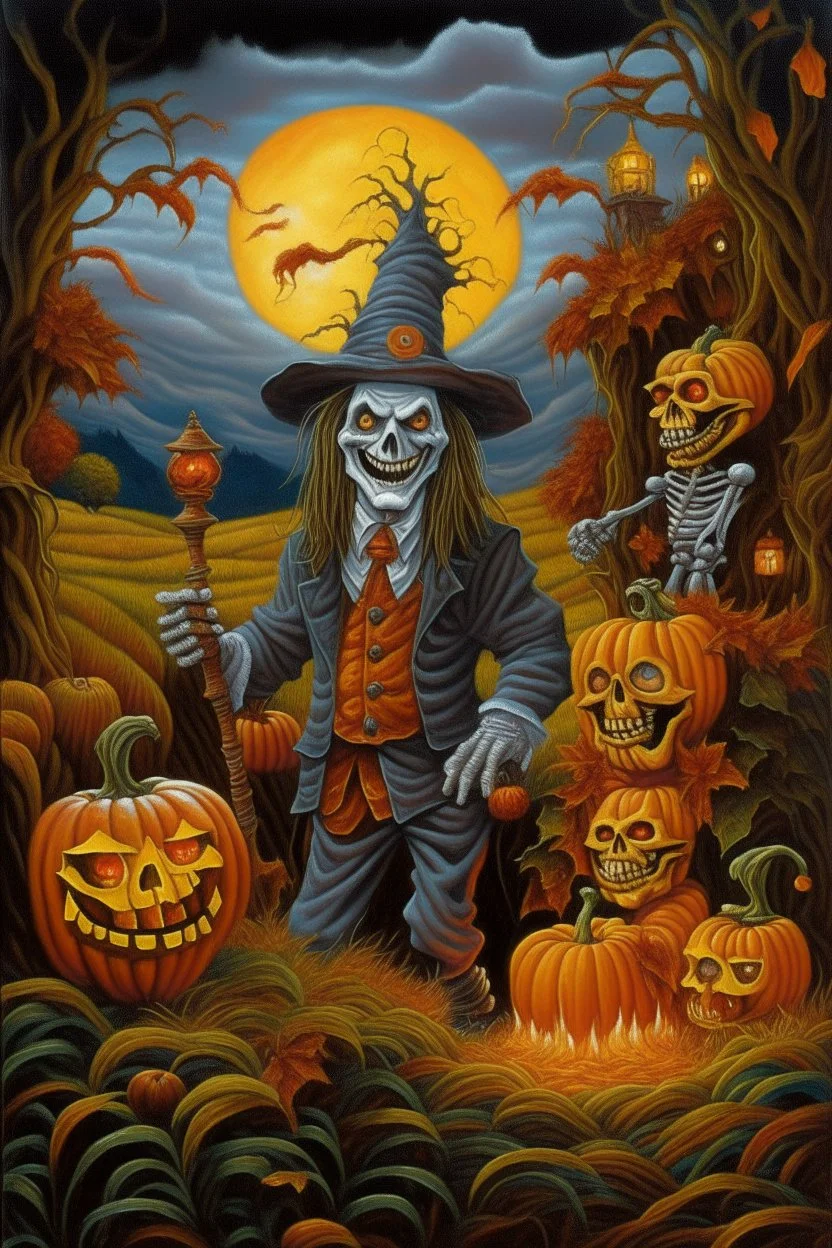 Lowbrow Surrealism Halloween Scarecrow with ghosts by Todd Schorr