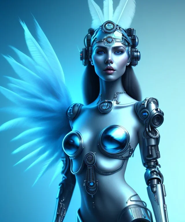 A beautiful portrait of a cute cyborg woman blue color scheme, high key lighting, volumetric light high details with white stripes and feathers and indian paterns and wimgs