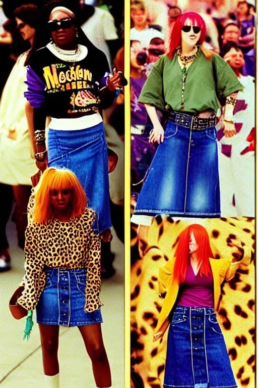 year 1996 denim fashion. Loose skirt, low waist. Colors: denim blue, blue, purple, cream, khaki, light green, lilac, plum, orange, terracotta, red, light yellow, pink, dark blue, beige. Cheetah pattern. Gwen Stephani, Missy Elliot, Shirley Manson.