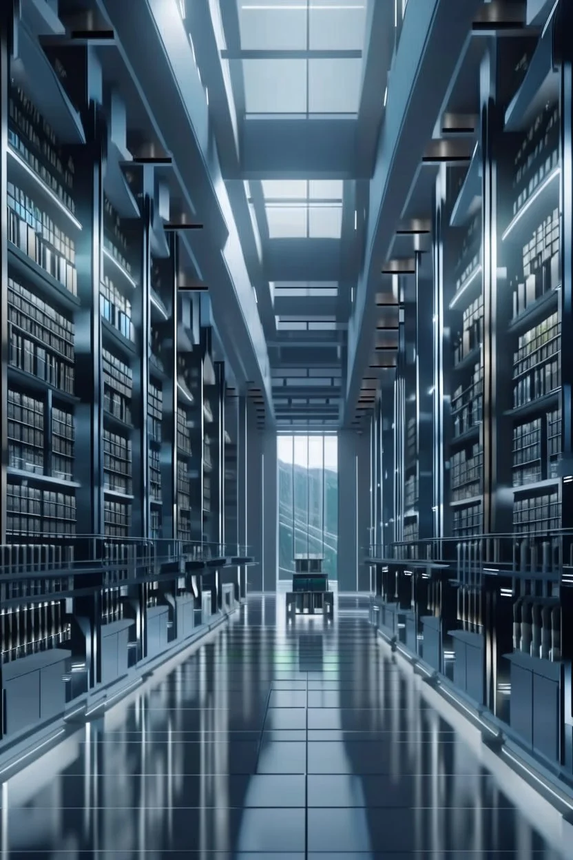 Modern library with high tech style. Robotic design of the library. High quality image in 8k.