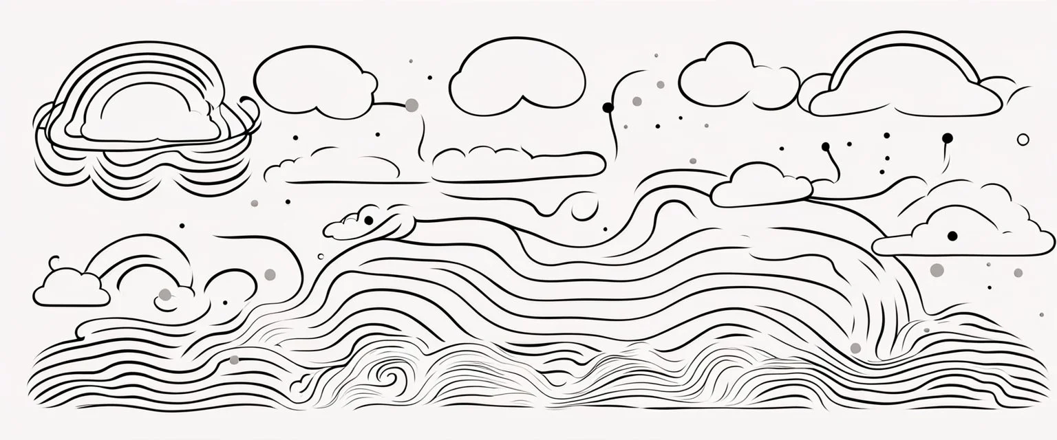 a series spaced curved and looping horizontal lines with paths inspired by clouds bubbles and flowers, cloud topography, whimsical cute, kawaii, black lines on white, vector lines