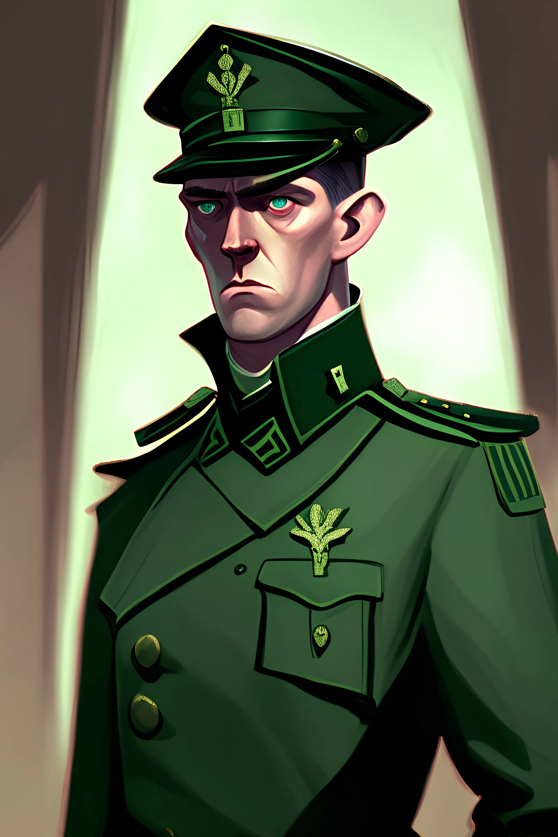 Irish officer, mid 30s age , stern expression, with background, stylised, concept art, digital art