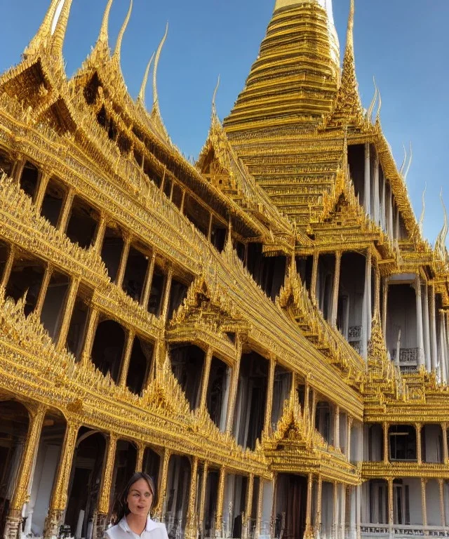 A woman stands in front of a grand palace, her eyes wide with wonder as she takes in the stunning architecture and ornate details.