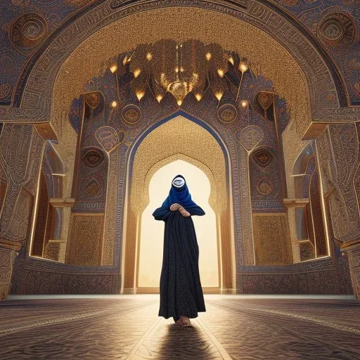 high-quality, award-winning photograph of women in burkas standing in front of intricate, ornate, fine-detailed, stunning mosque, mosaic walls, clear sky, flowing burkas, volumetric lighting, 8k resolution, high-quality, intricate,Jeanloup Sieff, Moe Zoyari, Marc Adamus, Ann Prochilo, Romain Veillon