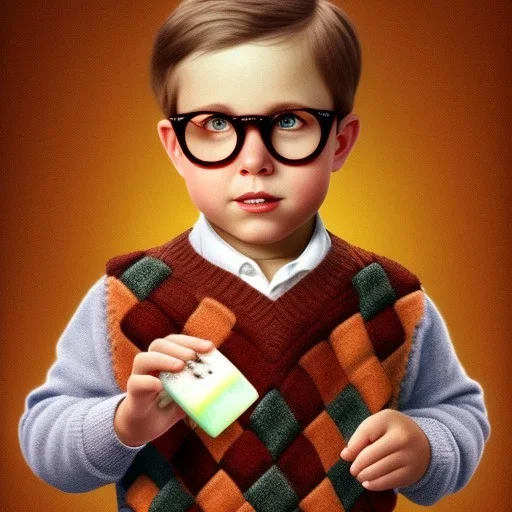 Peter billingsley chubby kid Tortoise-shell glasses, Holding a ((dark red bar of soap)) in his hand, brown argyle sweater