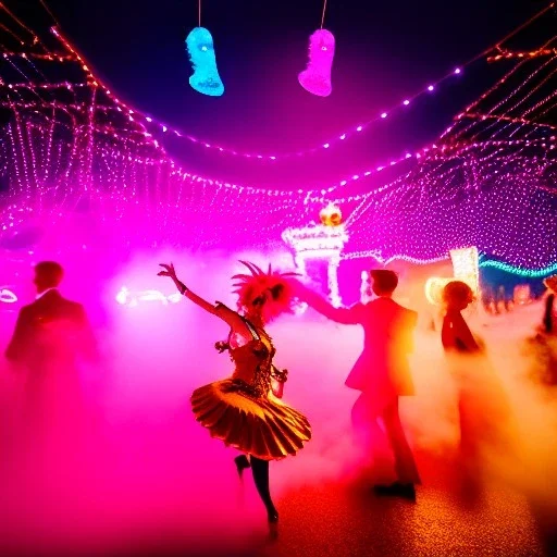 Ultra Realistic photo, medium shot view, drunken dancer women, carnival scene, steampunk. Pink hair, confeti, Sunglasses, smoking, happy, festival, red fog. highly detailed, concept art, unreal engine 5, ray tracing, RTX, lumen lighting, ultra detail, volumetric lighting, 3d, finely drawn, high definition, high resolution.