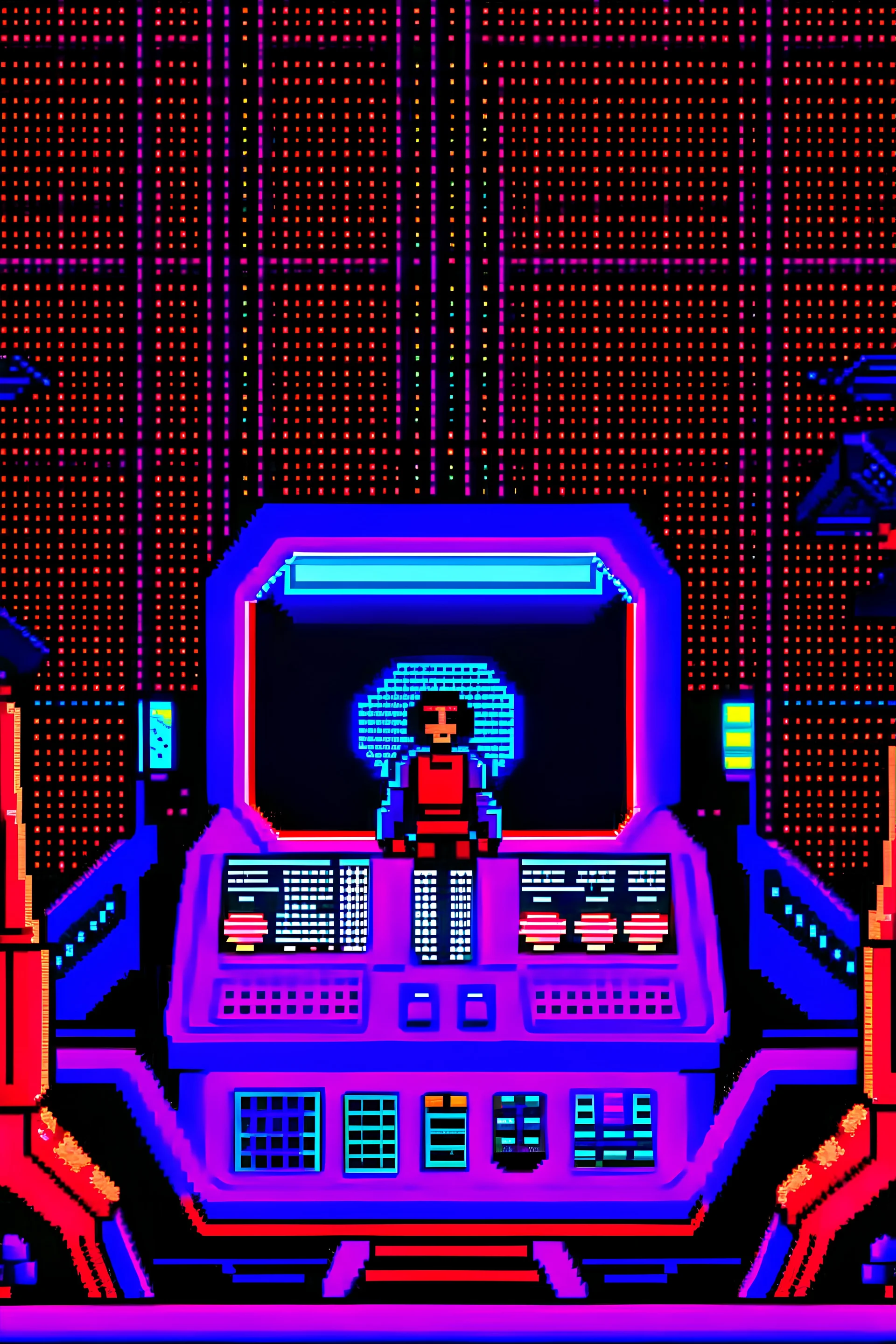 Govus on the Cockpit of a spaceship, alarm ringing, red indicator lit. Pixel art
