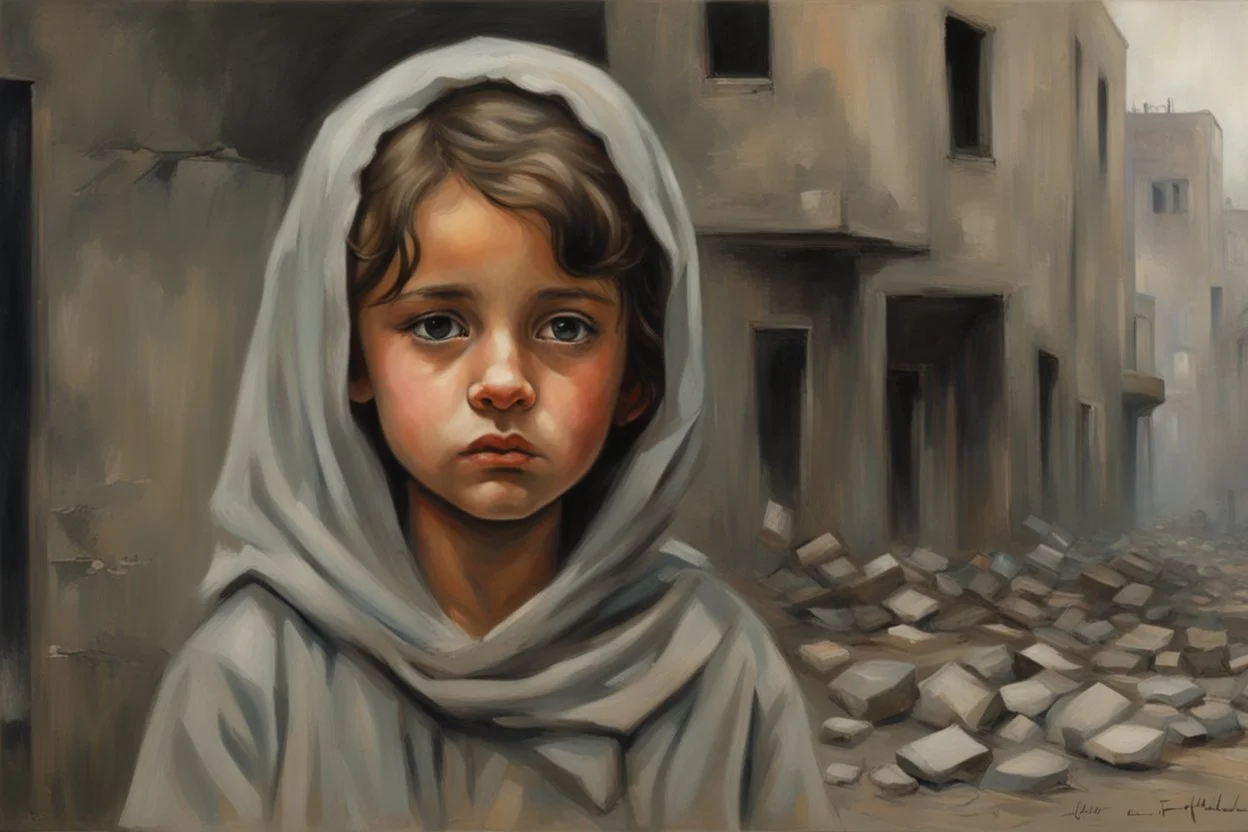 Grey sky, crying little palestinian girl wearing kuffeah , rocks, destroyed buildings , 80's sci-fi movies influence, friedrich eckenfelder and willem maris impressionism paintings