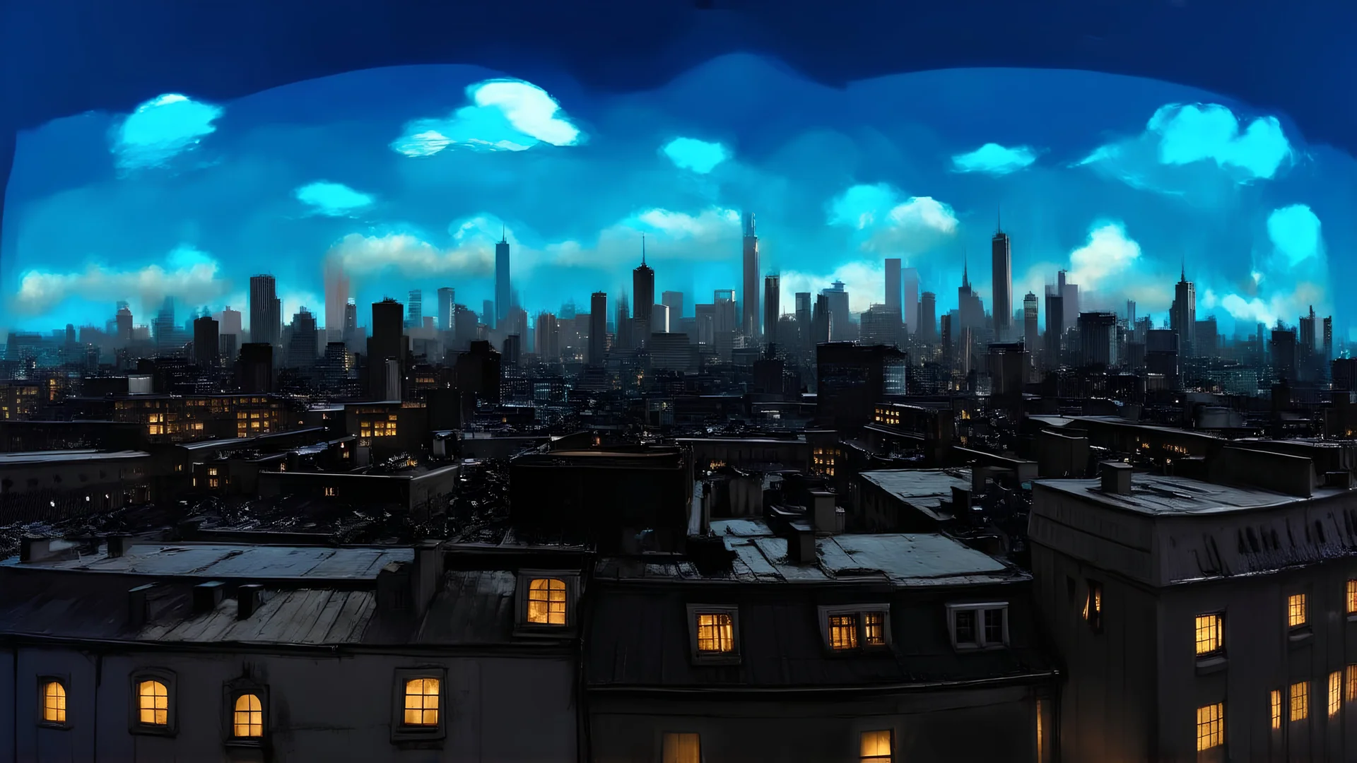 dark and mysterious, neo-expressionism, A panoramic view of a city skyline at noon, with various clocks on different buildings all showing twelve o'clock, under a clear blue sky with a few fluffy clouds.