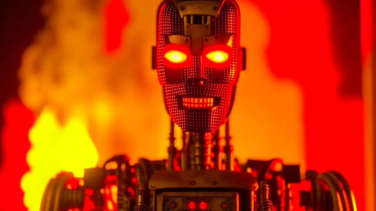 4K portrait of the real-life robot terminator, firestarter, radio show logo, flames in the background, radio studio