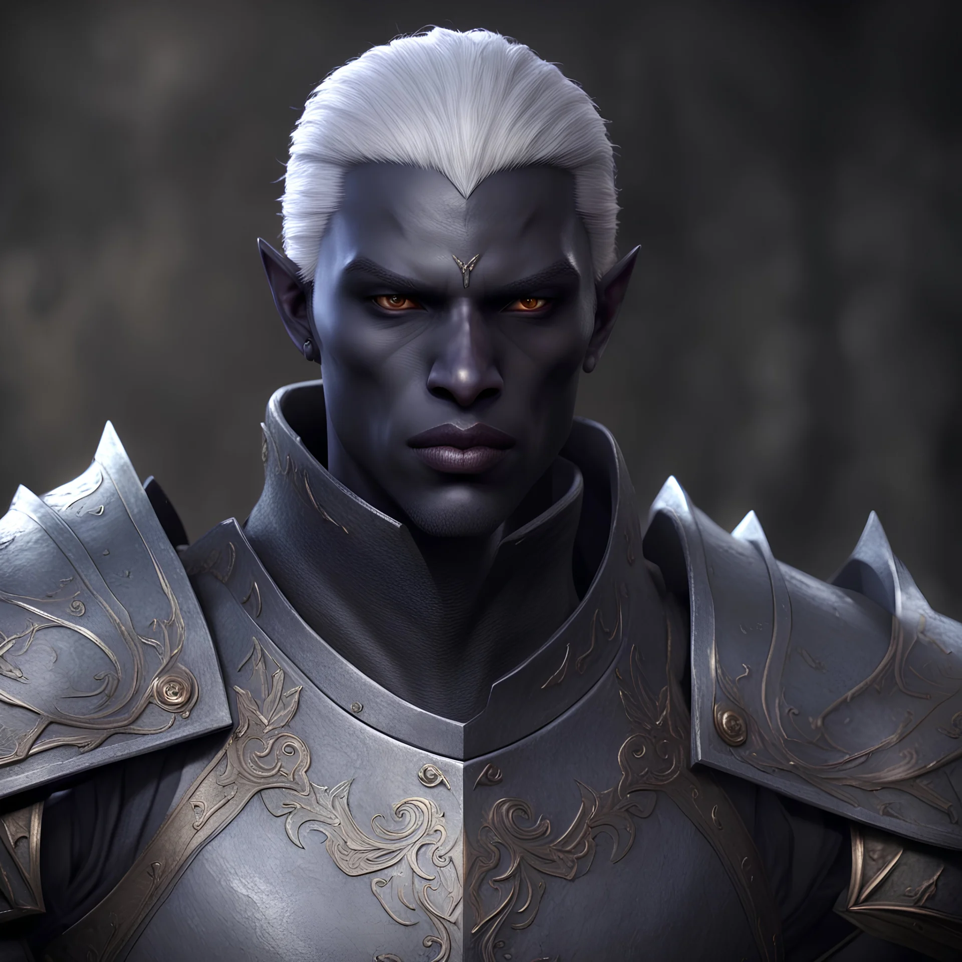 drow male knight, d&d character art masculine features, slate-gray skin, 8k, 3d cgi, unreal engine 6, high detail, intricate, cinematic battle background