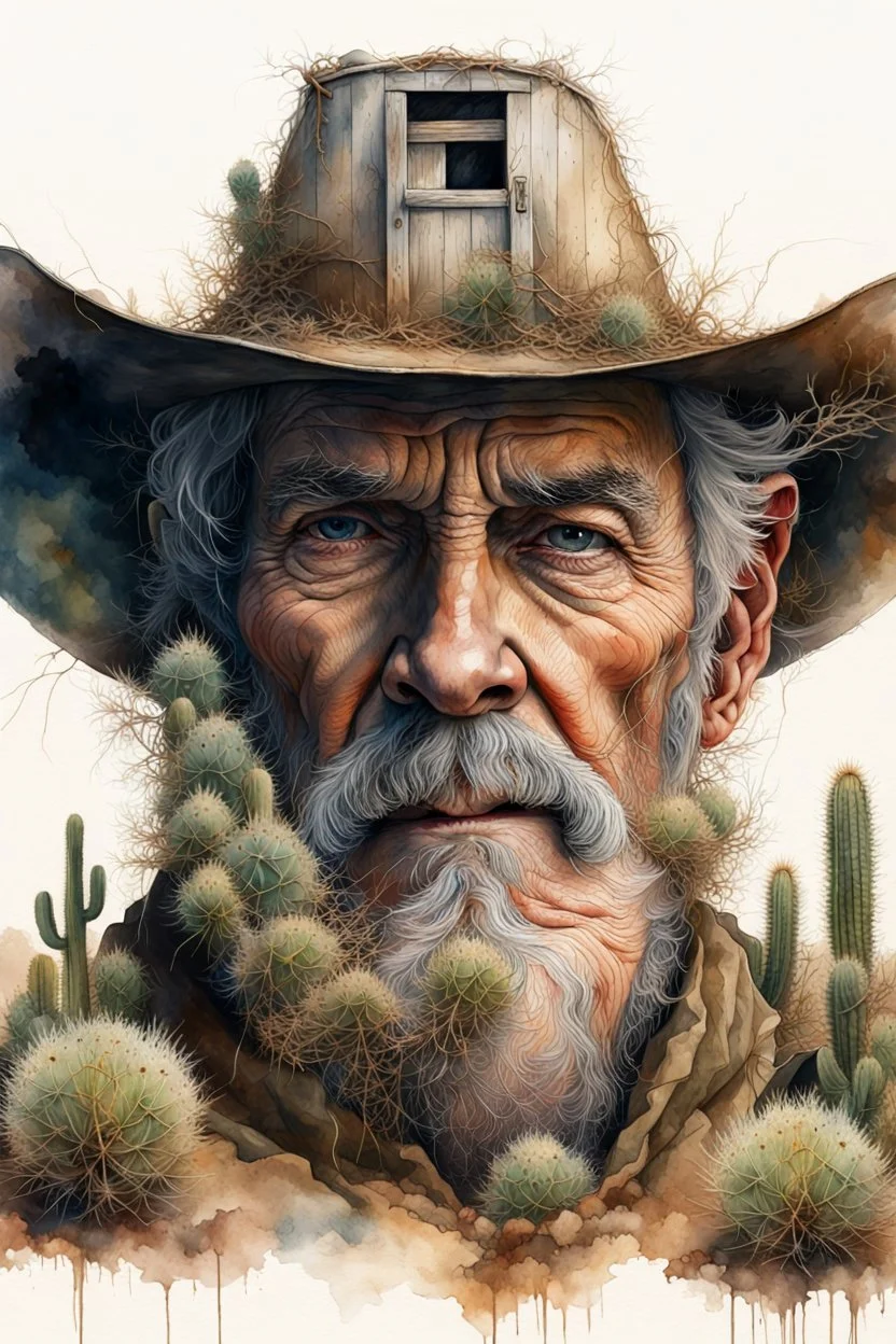 The old Cowboy of the Desert, double exposure cowboy face formed by a old weatheredmud hut with cactus and tumbleweeds around it, watercolor by Jean-Baptiste Monge and Yossi Kotler, Modifiers: sharp focus extremely detailed intricate oil on canvas portrait hyperrealistic high definition crisp quality