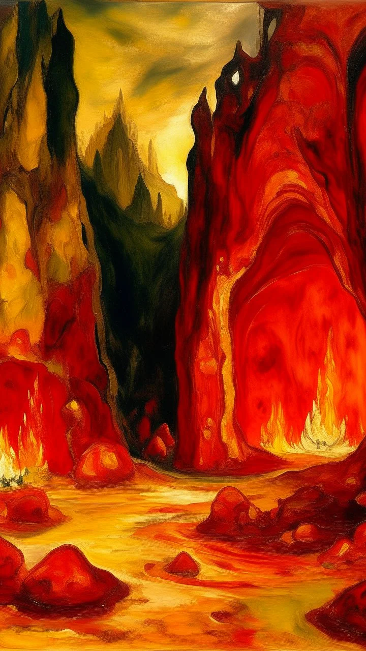 An orangish red cavern with fiery amber crystals painted by Paul Cézanne