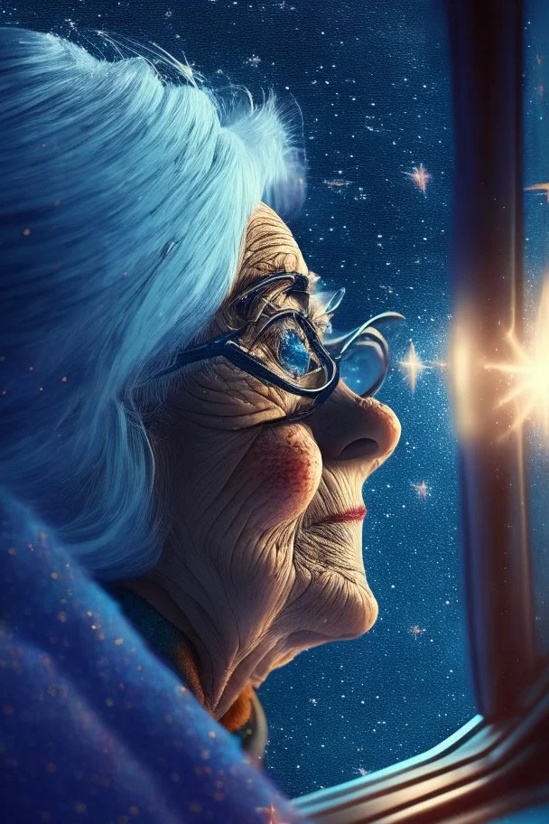 grandma soul , with background star field seen in the window of a boat, 4 k, trending art, depth of field, in the style of gorillaz