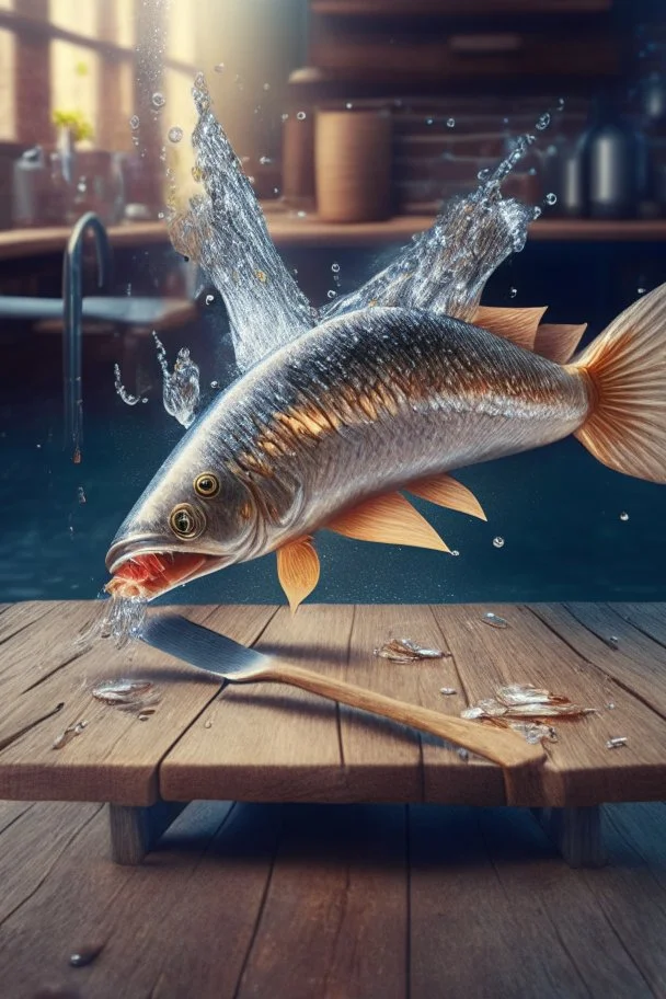 fish with hands and fingers, down in the sparkly water, producing a wooden table and a big knife, 3d rendering, depth of field