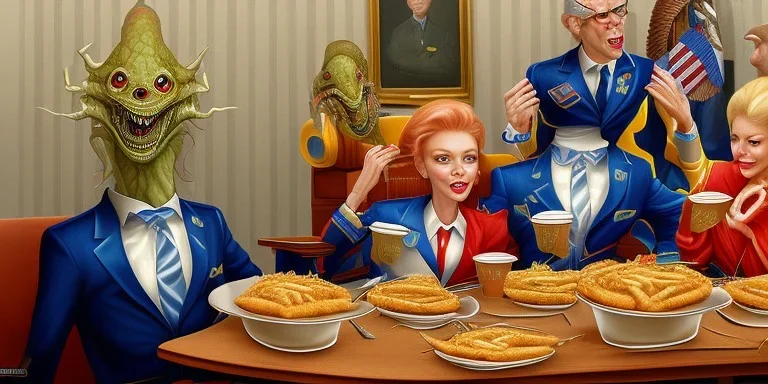  aliens in clothes enjoying fast food on earth in the oval office