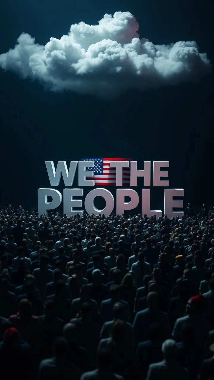 A field of random people in a dark lighting , at the top of the picture a huge 3D text for the words “WE THE PEOPLE “ in the clouds and the American flag in 3D