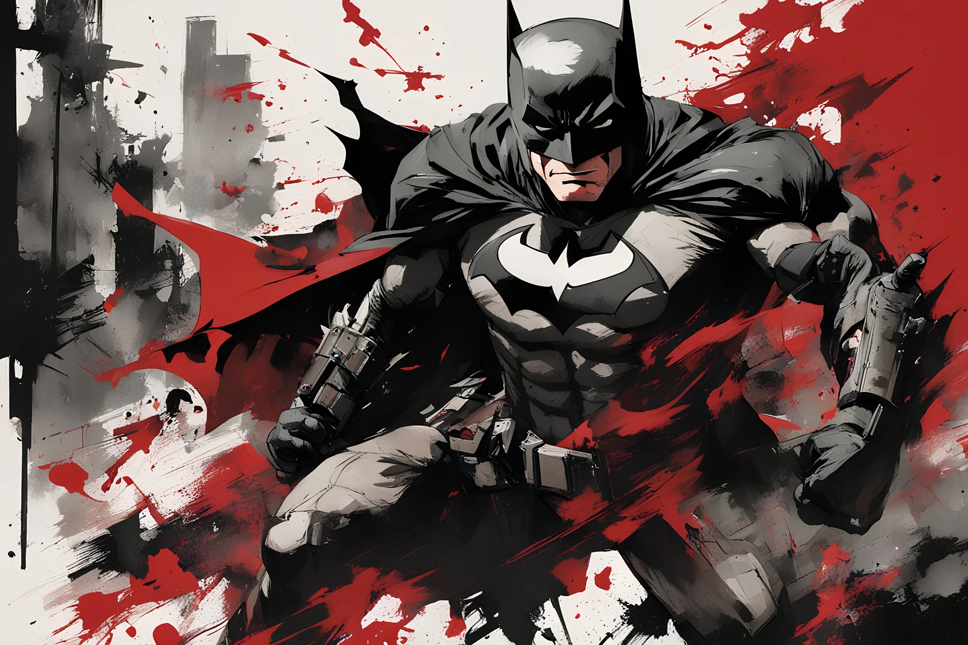 poster in two gradually, a one sideBatman exercising democracy. dark tones and other side darkred tones, painting by Yoji Shinkawa,