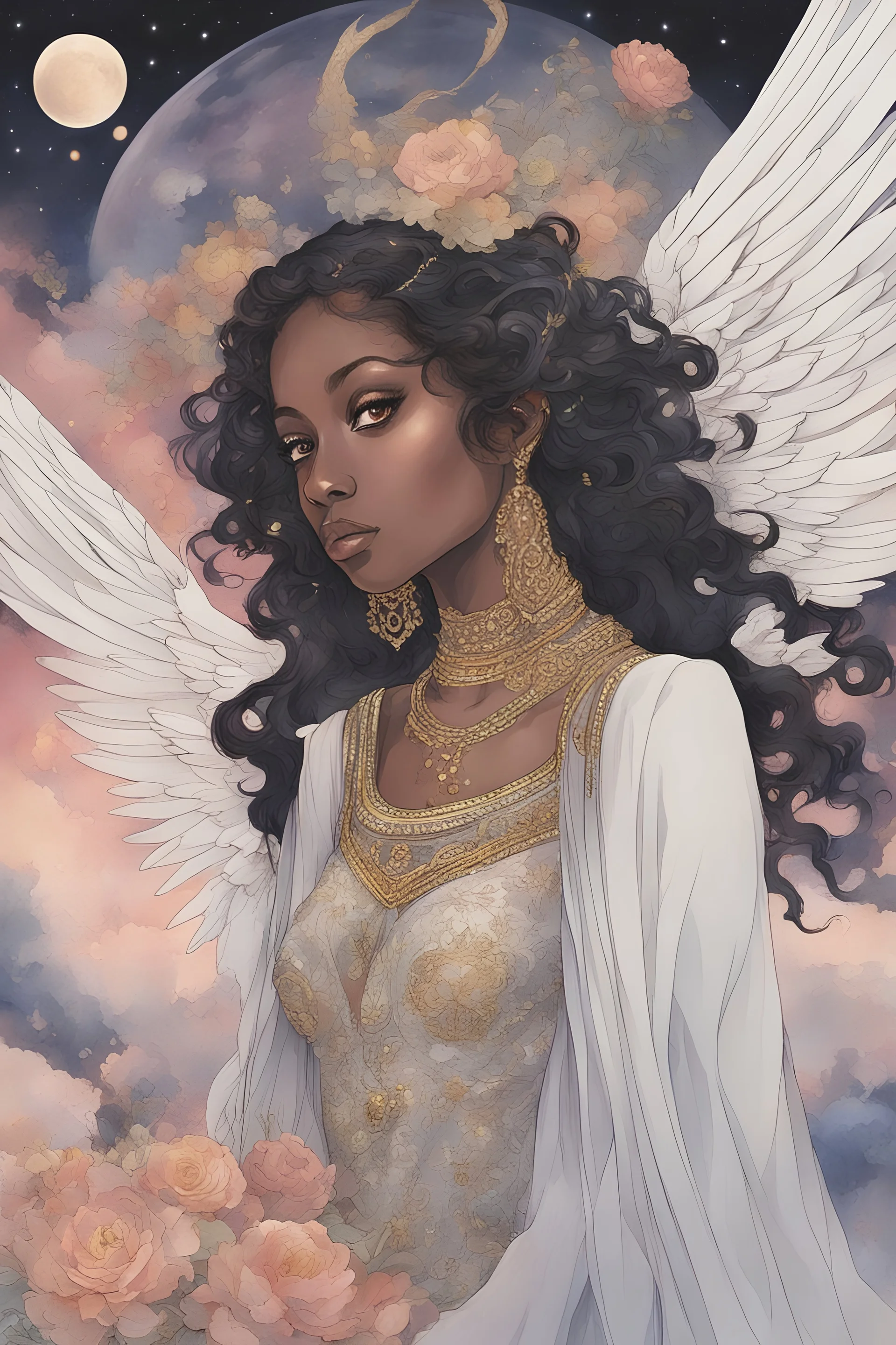 masterpiece, best quality, sharp focus, 8k, intricately detailed environment, anime, colorful, bright colors, whimsical, glowing lights, fantasia landscape, fairy lights, beautiful black girl with transparent wings in flowing dress, perfect face, golden ratio, sparkling eyes, watercolor, flowers, plants