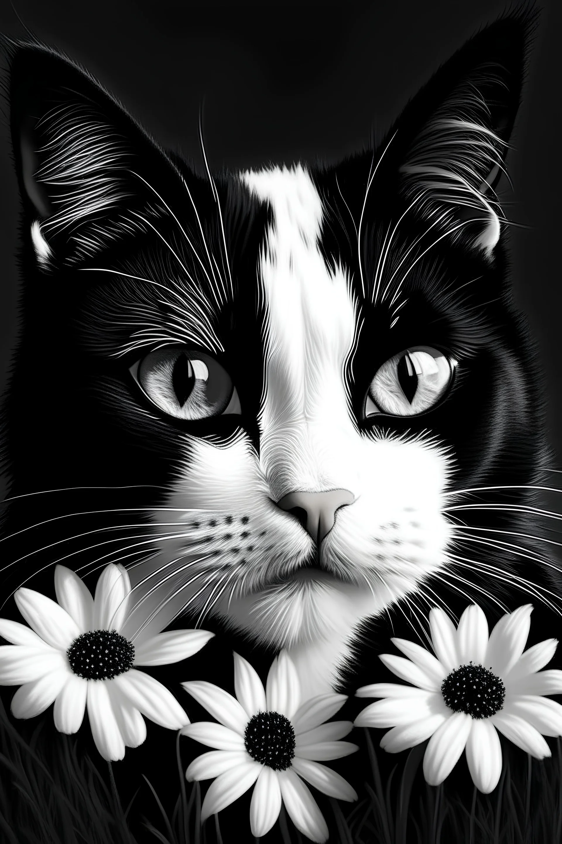 Draw me a black and white cat with flowers in high quality 8k