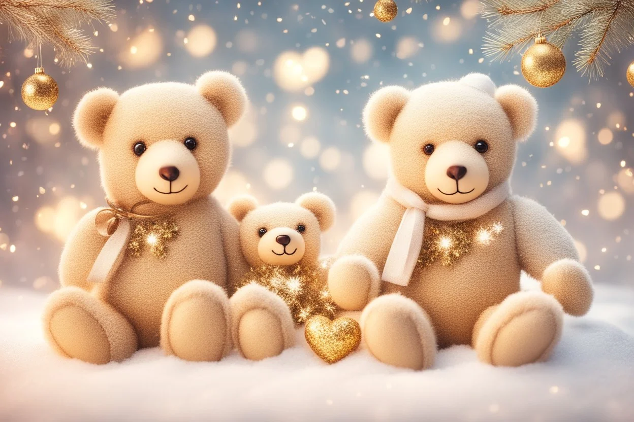 cute teddy bears holding hearts covered in sparkling gold glitter, beautiful winter composition, snowflakes, pine branches, Christmas ornaments and glowing Christmas lights