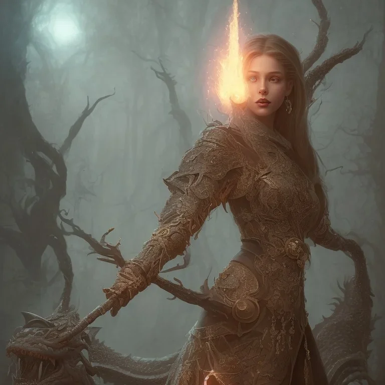 A witch with a beautiful face and full details with a wooden wand and a glowing crystal fighting big and beautiful dragons, full details, Ismailoglu, post-apocalyptic, fantasy, fantasy, 8k, 16k, by Greg Rutkowski, Sung Choi, Mitchell Mohrhauser , Maciej Kuciara, Johnson Ting, Maxim Verehin, Peter Konig, 8k photorealistic, cinematic lighting, HD, high details, dramatic, atmospheric, trending on artstation