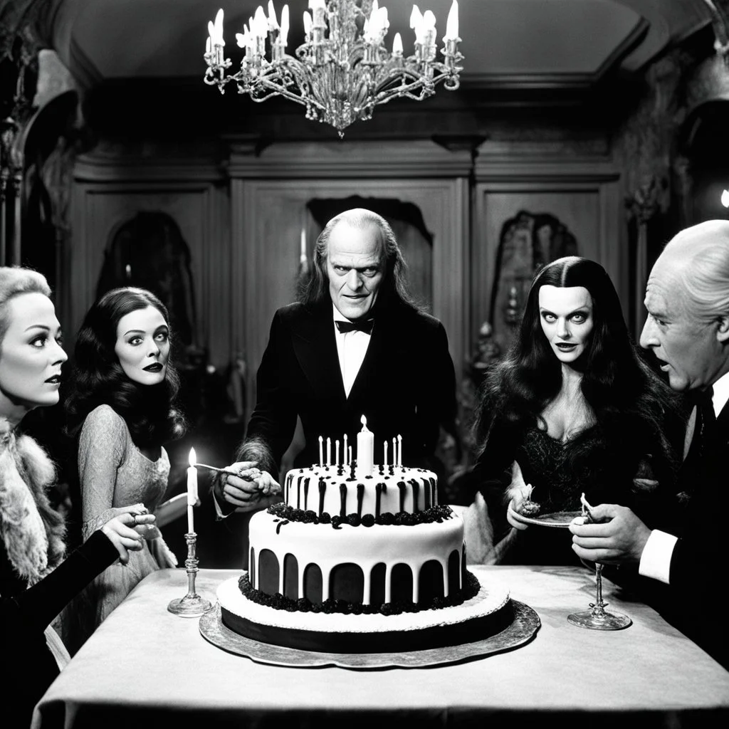 [high res photo by Ray Harryhausen] a Spooky Birthday Party at the Addams Family mansion, where the air is thick with eerie excitement. Suddenly, a shudder runs through the cake, causing a hush to fall over the room. With a grotesque squelch, the cake splits open, and to the horror of the guests, Bo Derek emerges from within, covered in cream and frosting. Her yellow leotard is stained and tattered, adding to the nightmarish scene unfolding before their eyes.