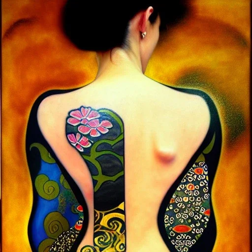 dibujo al oleo de cuerpo entero de una mujer Bella yakuza con tatuajes estilo Gustav Klimt