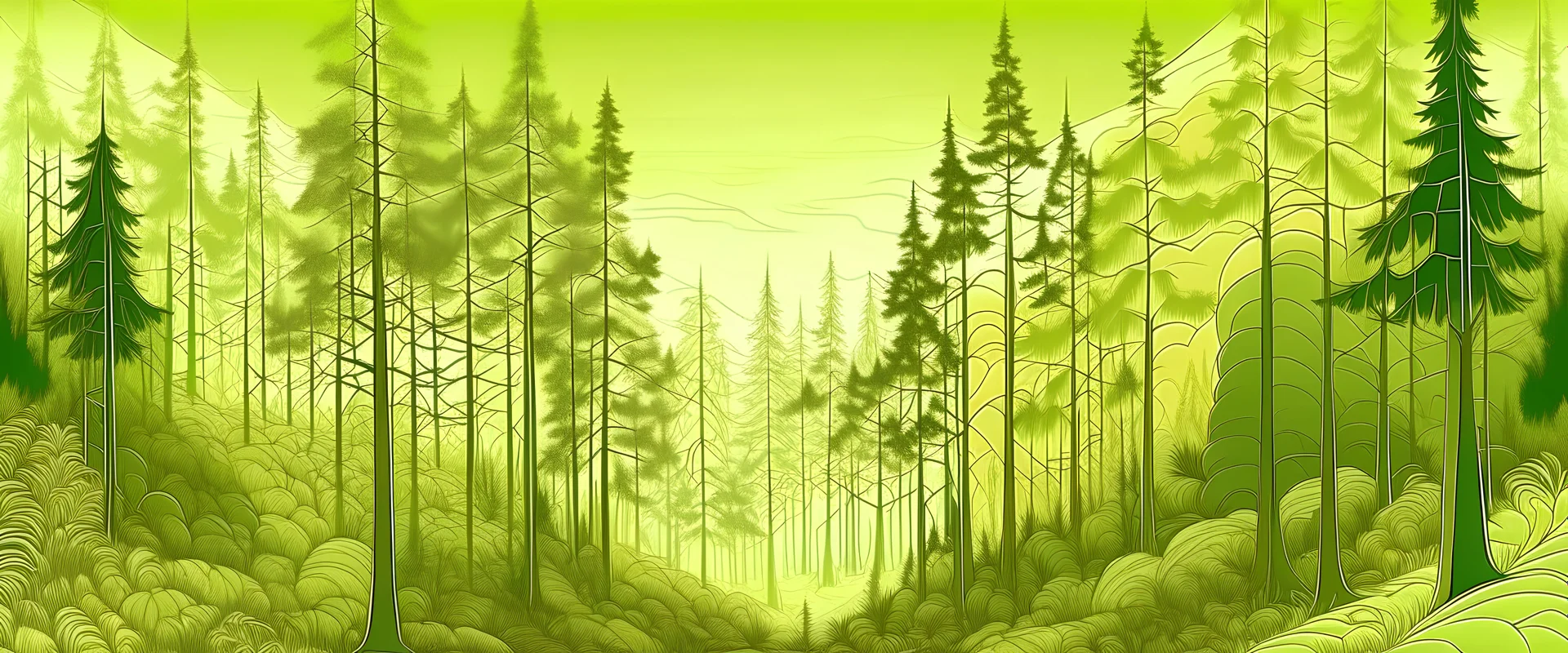 Golden sky with golden forest, dense trees, lineart, light soft monochromatic green transparent, rotate 90 degrees