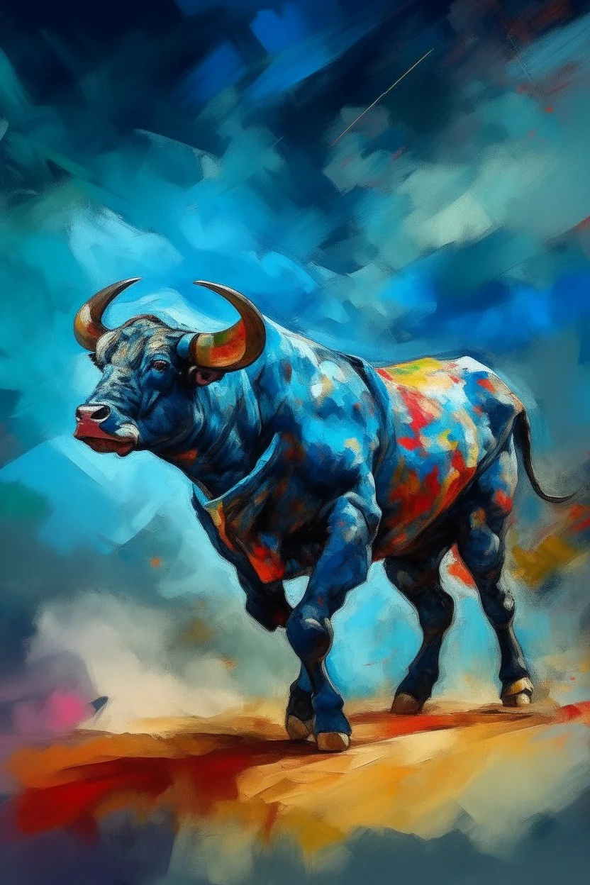 A surreal picture of bull fighter Matador , Busch painting style , mystery, anger oil rough brush with thick colors, wearing nucleus with big cross on his chest , blue colors picture with colorful clouds in a bull fighting arena