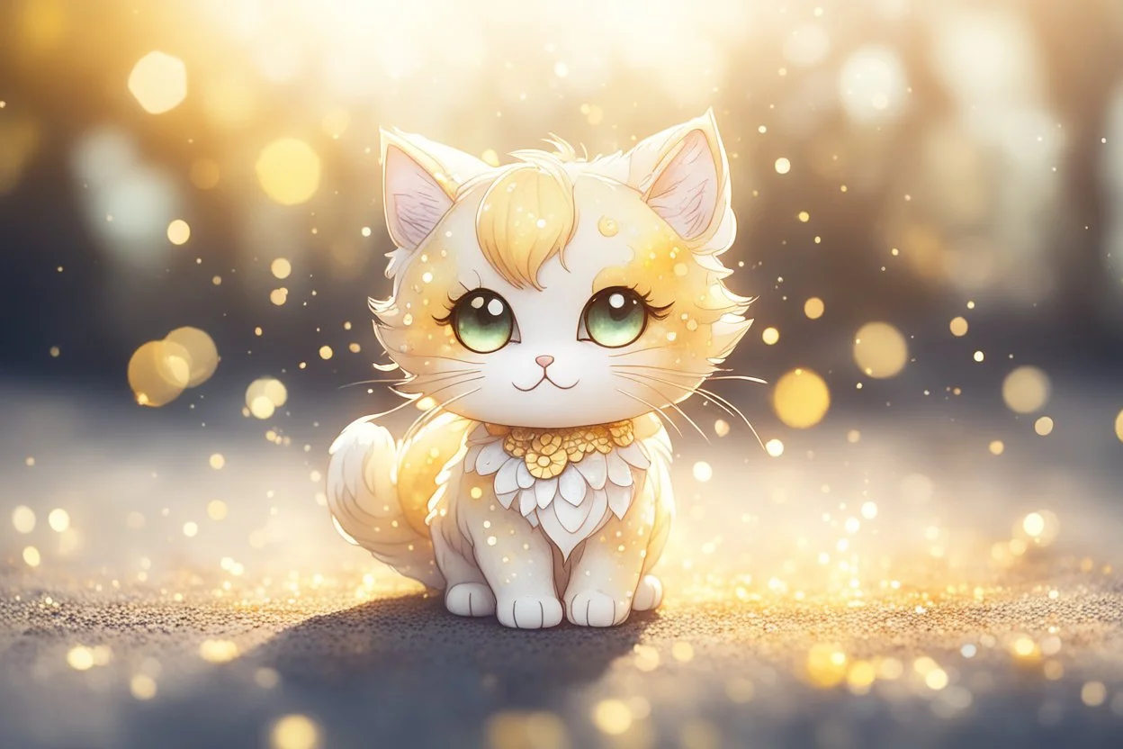 cute chibi daisy cat in sunshine, watercolor and black ink outlines, sparkling golden glitter, ethereal, cinematic postprocessing, bokeh, dof