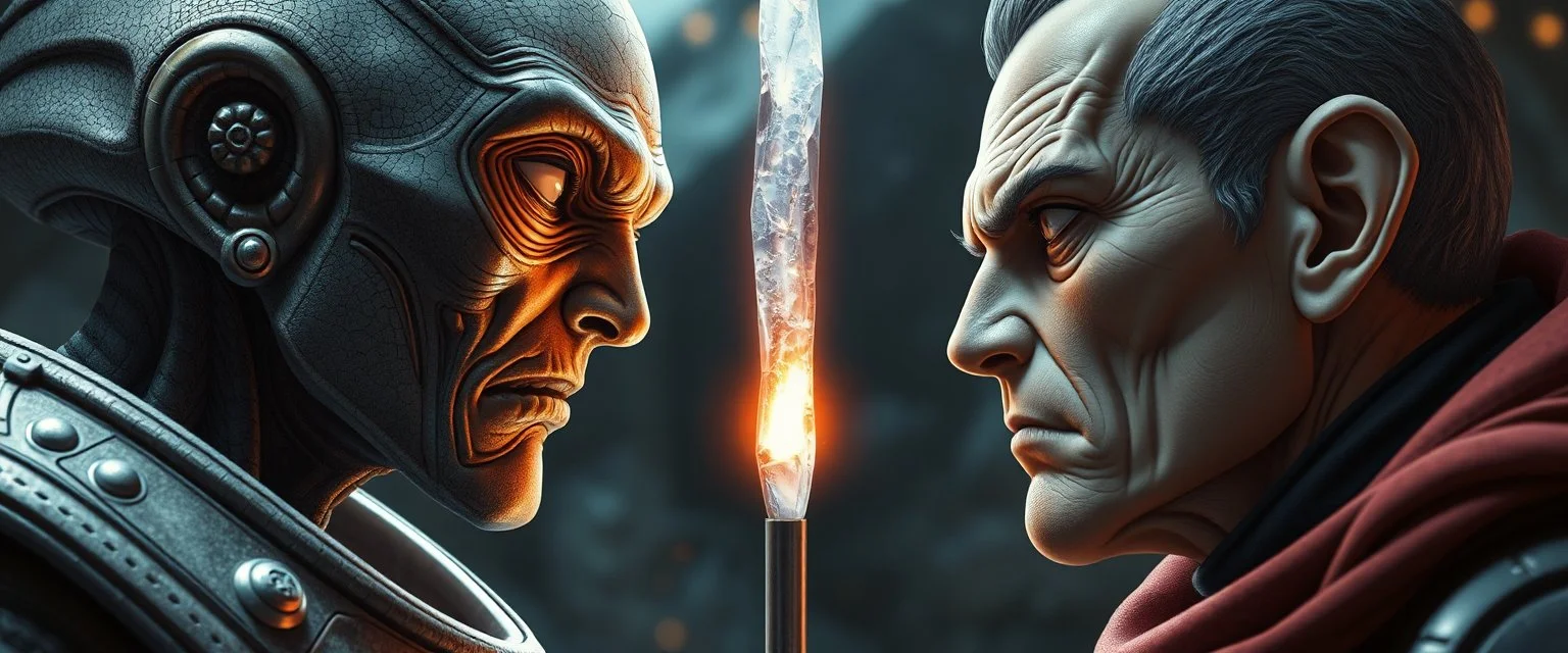 Close-up confrontation between an ancient alien outcast leader and a space broker, standing only a meter apart, intense eye contact, glowing crystalline rod between them, anger mixed with sadness, dramatic facial expressions, shallow depth of field, cinematic lighting, stylized 3D anime, airbrush painting, crisp outlines