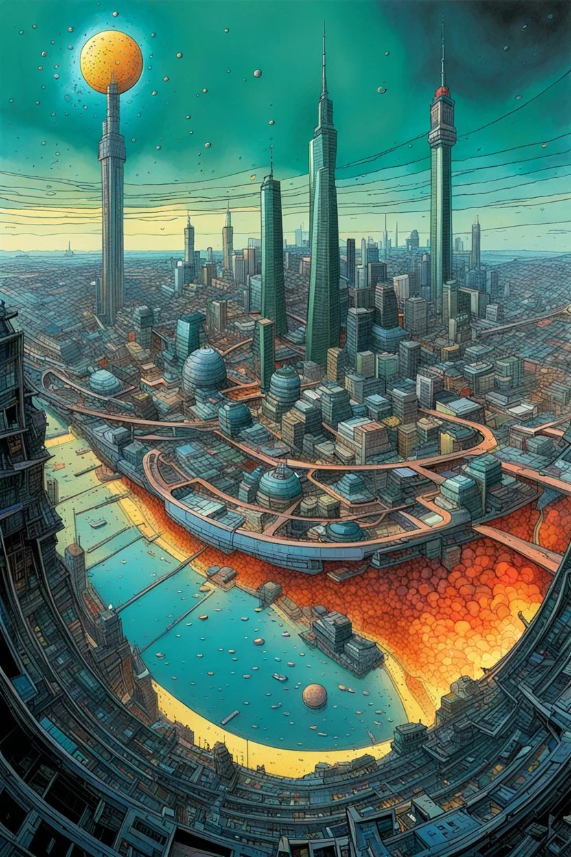 create a wildly abstract and chaotic illustration of an inter-dimensional portal to a highly detailed irradiated, fetid, gaseous and decayed future Istanbul under a poisonous gloom utilizing asymmetric structural forms, in the art style of Don Maitz, and Jean Giraud Moebius, finely textured, drawn, colored, and inked