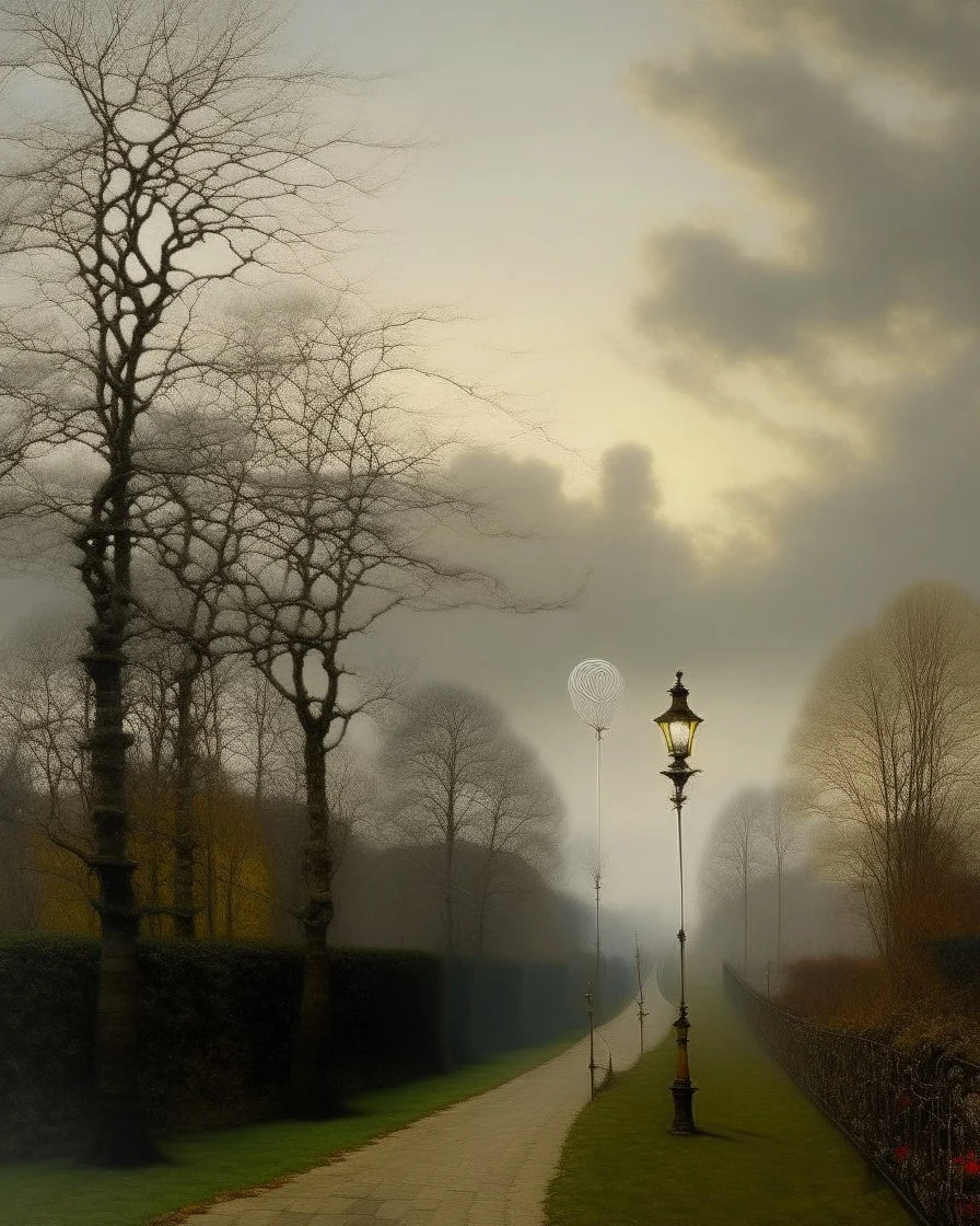 A white sky with musical instrument-shaped clouds painted by John Atkinson Grimshaw