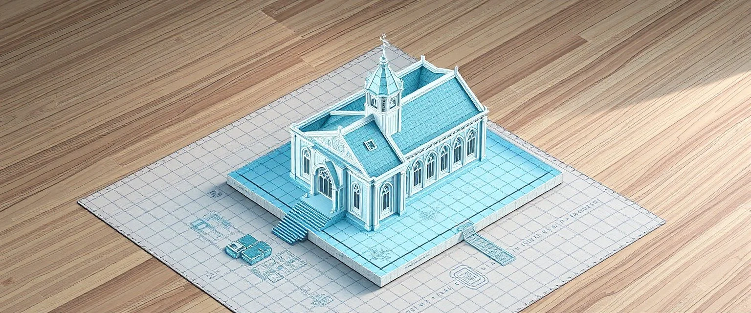 see through isometric plan of castle church with transparent glass walls and grid on floor for tactical planning