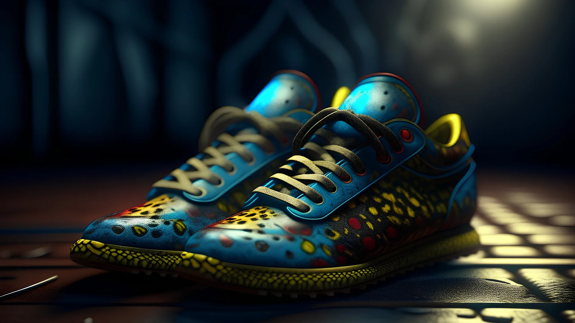 Fotorealtà delle splendide scarpe VISTA DA DIETRO, da RUNNING IN PELLE a forma di LEOPARDO di lee jeffries, 8k, dettagli elevati, rendering fluido, unreal engine 5, cinema 4d, HDR, effetto LUCIDO, colori BRILLANTI