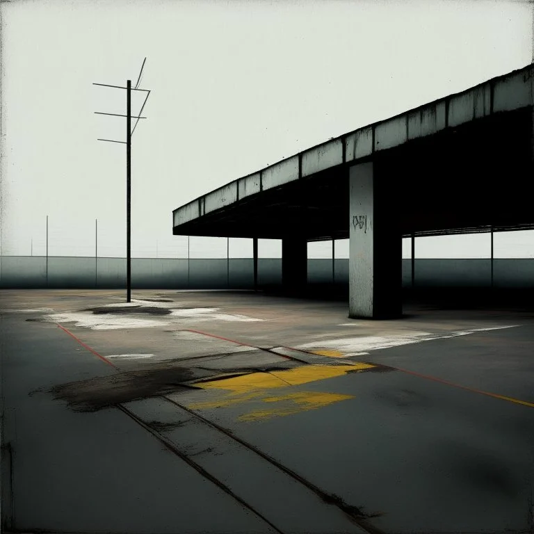 Minimal contemporary abstract oil paintings of desolate 1960s carpark with road markings and concrete fragments. Lone figure. Overlay with grungy typography graphics. style of Justin Mortimer and Francis Bacon.