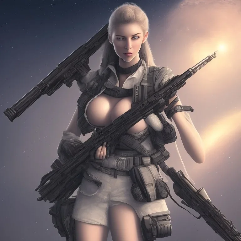 A girl with big boobs and beautiful and large military rifle in the galactic space