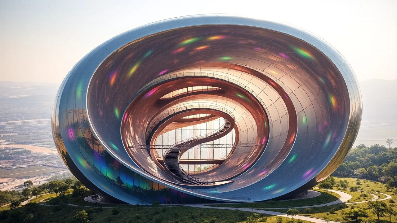 A striking tower built around a central spiral shape, with a helix staircase wrapping around the outside of the building. The walls are made of a translucent material that reflects sunlight in rainbow hues, and each floor gradually spirals upward, creating a dynamic and captivating form. The landscape below is sculpted to echo the swirling design. Photograph