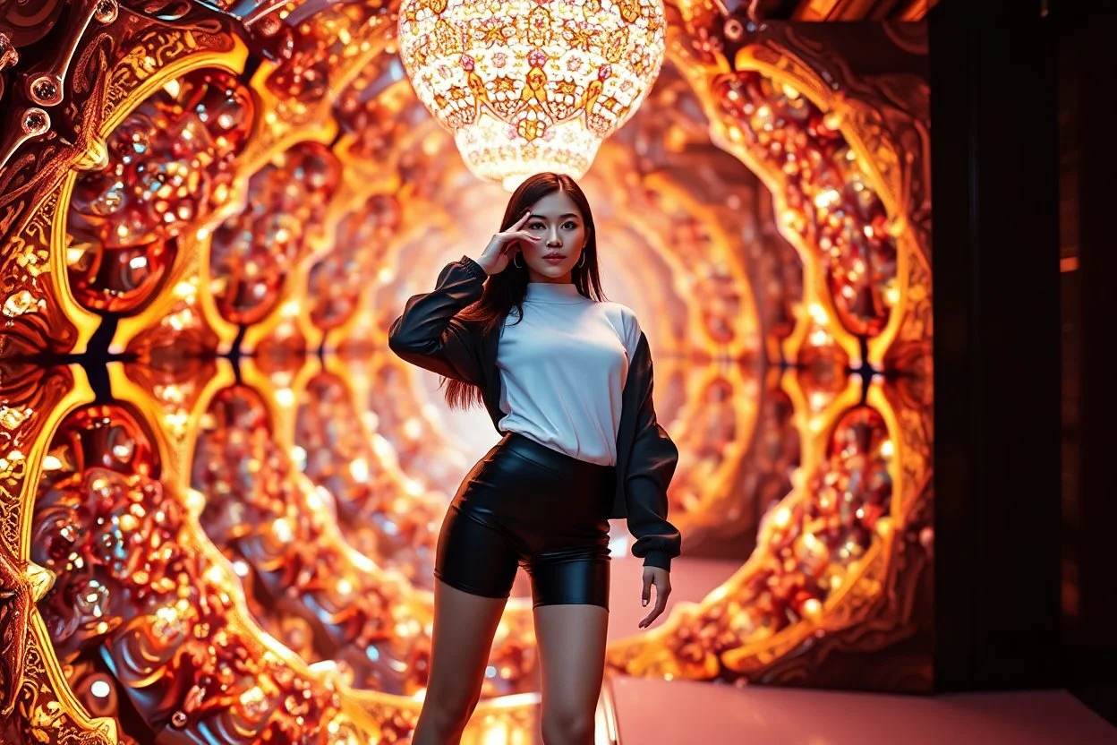 si fi a 3d recursive mandlebore fractal environment color and light an extra beautiful supper modern girl wearing modern clothing gracefully posing full body shot