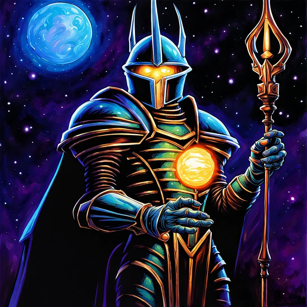 fantasy galactic knight holding glowing staff 90's tcg art 90's tcg art