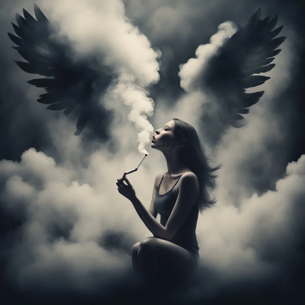 woman sitting forward Her face upward and blows cigarette smoke from their mouth upward. a figure with wings emerging from its back. behind the clouds of smoke look death. dark and mysterious