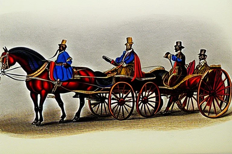 Fiacre, landauer carriage with two horses in Vienna. Pencil sketch. Old paper. Colours