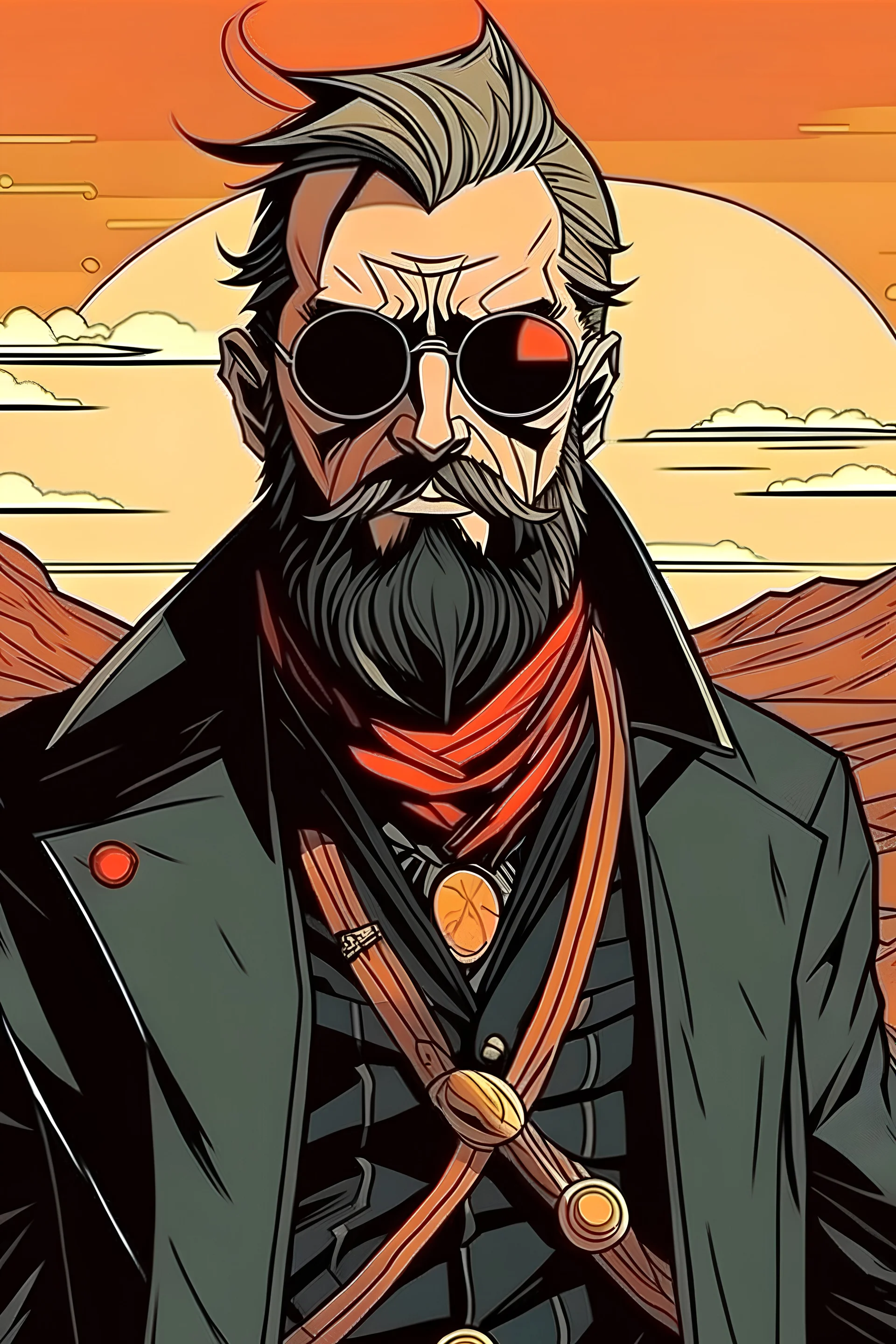 a saint gunman with round sunglasses and a black coat and beard in the wild west, grim comic