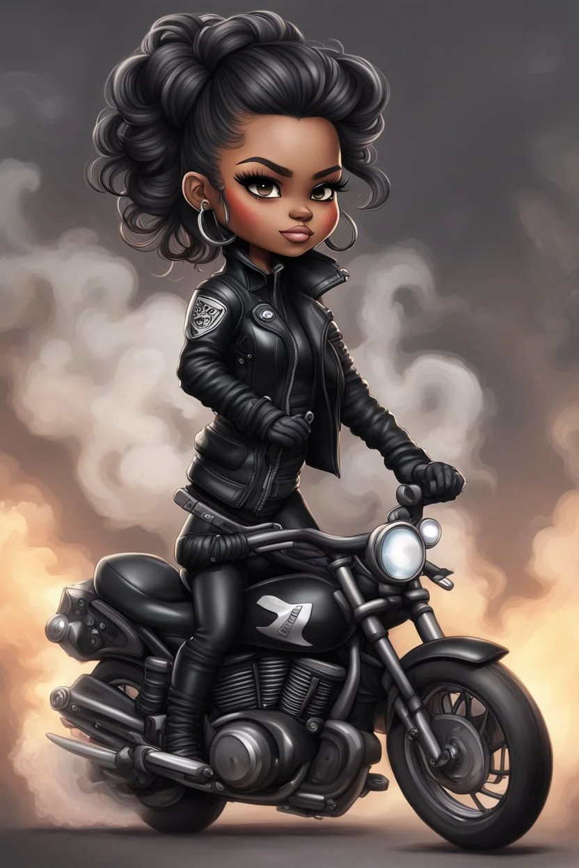 Create a digital airbrush illustration of a chibi cartoon full figure black female riding a sports motorcycle. She is wearing biker jacket and black tights with biker boots. Prominent make up with log lashes and hazel eyes. Extremely highly detailed black shiny wavy hair up in a messy bun. Background of smoke surrounding her and the bike and she's at a bike show.