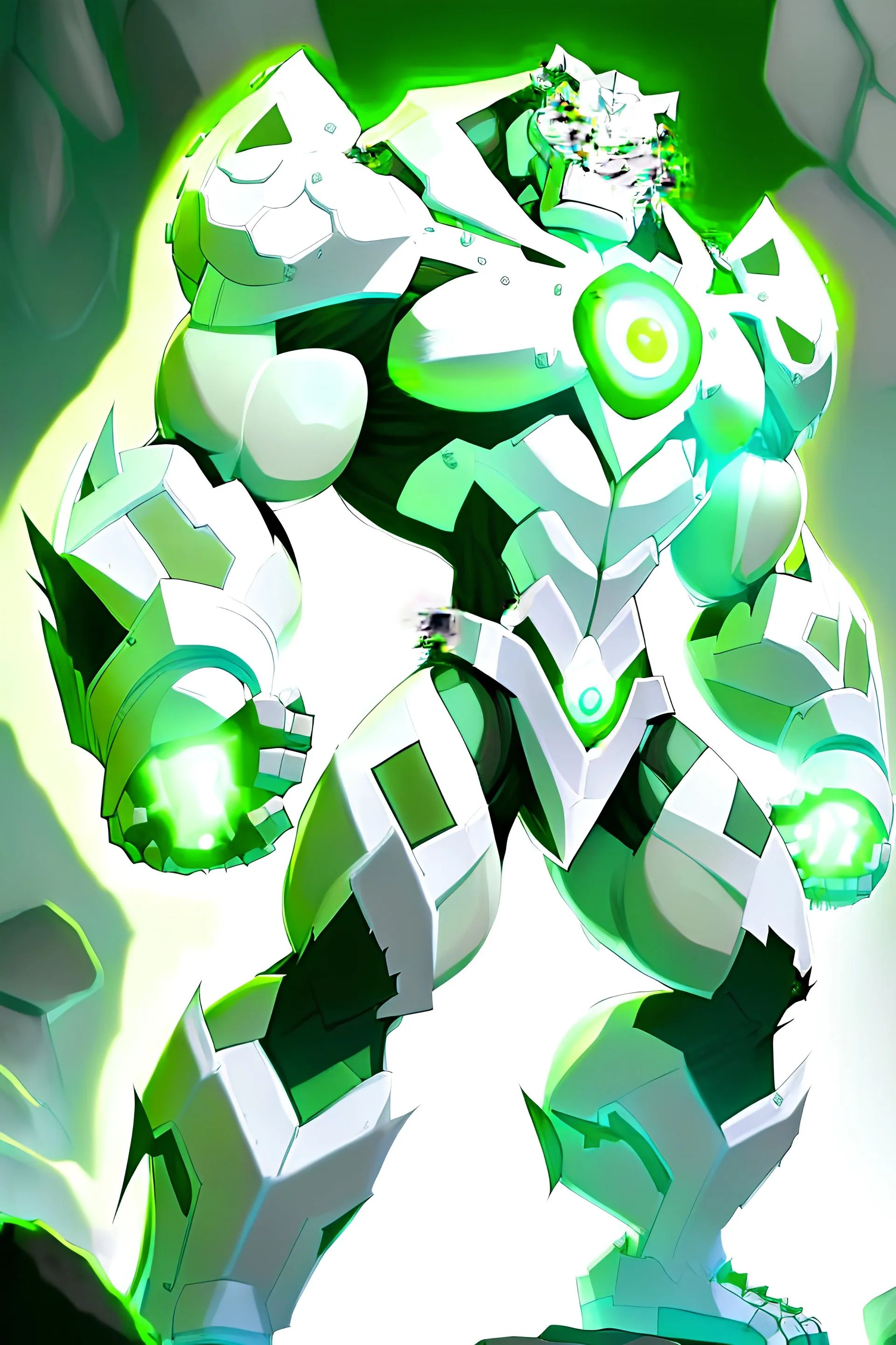 A new space creature from Ben 10 cartoon. Strong and graceful. From the White Tiger faction. Advanced hybrid metal golem. And the diamonds. He has a glowing green tattoo in the shape of old magic words