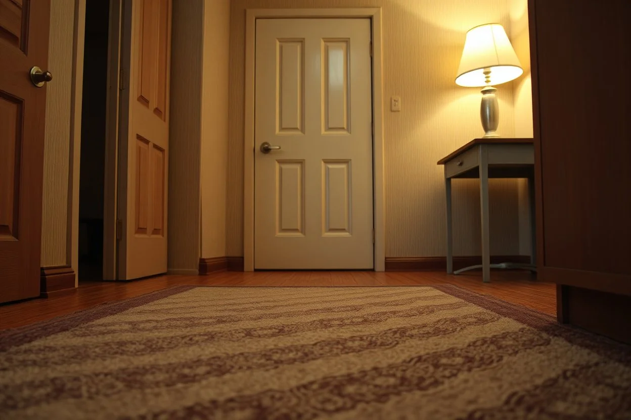 generate a closeup of a motel room floor, showing an imprint of a missing rug