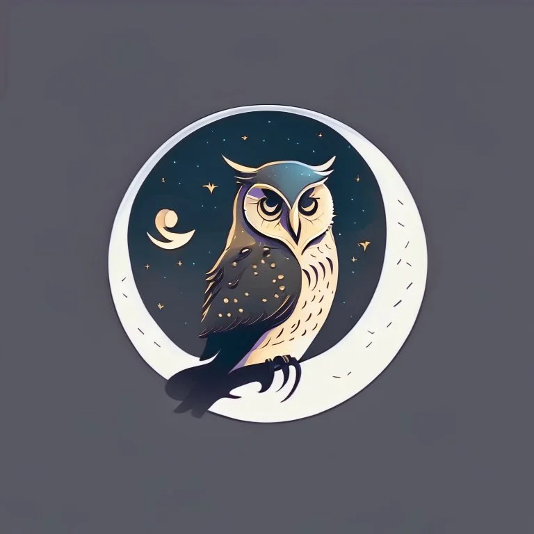 Owl + moon. Logo design minimalist. Soft colors. Dark